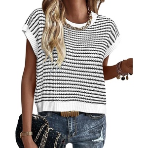image:imageATHMILE Womens Short Sleeve Sweater Spring Summer Striped Teacher Round Neck Pullover Cap Sleeve Knit Cute Vest Tops 2026White