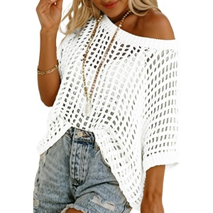 image:imageATHMILE Womens Short Sleeve Sweaters Scoop Neck Summer Beach Cover up Casual Crochet Hollow Out Knit Tops Pullover ShirtsWhite