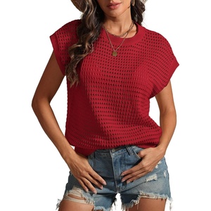 image:imageATHMILE Womens Spring Tops Summer Shirts Beach Vacation Crochet Cap Sleeve Knit Sweater Pullover Cute Fashion ClothesRed