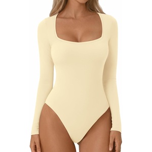 image:imageATHMILE Womens Square Neck Long Sleeve Bodysuit Ribbed Slim Fitted TopsApricot