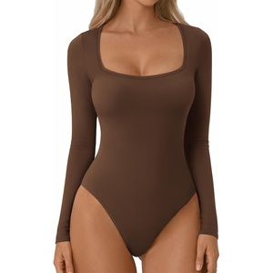 image:imageATHMILE Womens Square Neck Long Sleeve Bodysuit Ribbed Slim Fitted TopsCoffee