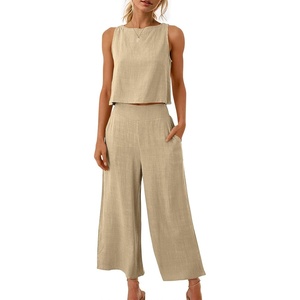 image:imageATHMILE Womens Summer 2 Piece Outfits Sleeveless Tank Crop Button Back Top Cropped Wide Leg Pants Set PocketsKhaki