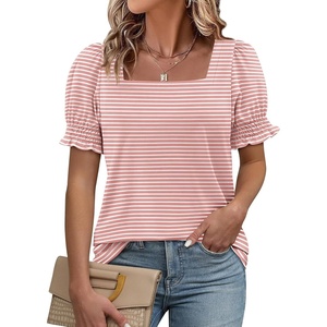 image:imageATHMILE Womens Summer Tops Square Neck Dressy Casual Blouses Ruffle Sleeve Cute Spring Beach Vacation CausalPinkstripe