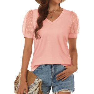 image:imageATHMILE Womens Summer Tops V Neck T Shirts Swiss Dot Puff Sleeve Tops Loose Casual TshirtsCoral Pink