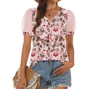 image:imageATHMILE Womens Summer Tops V Neck T Shirts Swiss Dot Puff Sleeve Tops Loose Casual TshirtsThe Butterfly