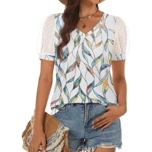 image:imageATHMILE Womens Summer Tops V Neck T Shirts Swiss Dot Puff Sleeve Tops Loose Casual TshirtsThe Leaf Print