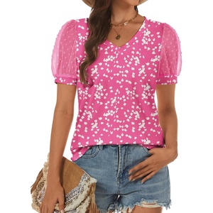 image:imageATHMILE Womens Summer Tops V Neck T Shirts Swiss Dot Puff Sleeve Tops Loose Casual TshirtsThe Pink Dots