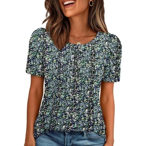 image:imageATHMILE Womens T Shirts Short Sleeve Summer Tops Pleated Dressy Casual Blouses Spring Clothes Beach Vacation 2026Floralblue