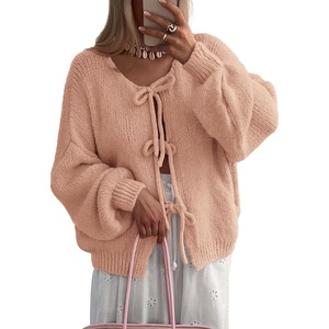 image:imageATHMILE Womens Tie Front Bow Cardigan Sweaters Chunky Knit Long Puff Sleeve Trendy Fall Winter Jacket Coats 2025Pink
