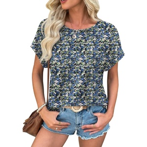 image:imageATHMILE Womens Tunics Loose Fit Dressy Blouses Summer Short Sleeve Tops with Curved Hem Beach Vacation Clothes for WomenBlue Floral