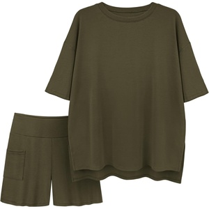 image:imageATHMILE Womens Two Piece Short Lounge Sets Spring Summer Casual Oversized Shirts Airport Travel Outfit Beach Vacation 2026Army Green