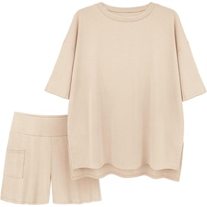 image:imageATHMILE Womens Two Piece Short Lounge Sets Spring Summer Casual Oversized Shirts Airport Travel Outfit Beach Vacation 2026Beige