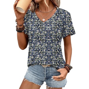image:imageATHMILE Womens V Neck Short Sleeve Summer T Shirts Curved Hem Plain Top  Lightweight Breathable Casual Spring Summer TeeBlue Flowers
