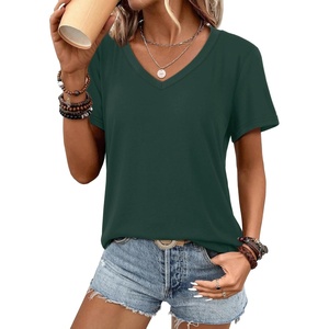 image:imageATHMILE Womens V Neck Short Sleeve Summer T Shirts Curved Hem Plain Top  Lightweight Breathable Casual Spring Summer TeeDeepgreen