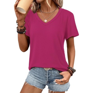 image:imageATHMILE Womens V Neck Short Sleeve Summer T Shirts Curved Hem Plain Top  Lightweight Breathable Casual Spring Summer TeeHot Pink