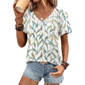 image:imageATHMILE Womens V Neck Short Sleeve Summer T Shirts Curved Hem Plain Top  Lightweight Breathable Casual Spring Summer TeeMultileaf