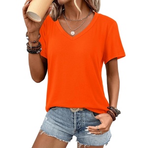 image:imageATHMILE Womens V Neck Short Sleeve Summer T Shirts Curved Hem Plain Top  Lightweight Breathable Casual Spring Summer TeeOrange