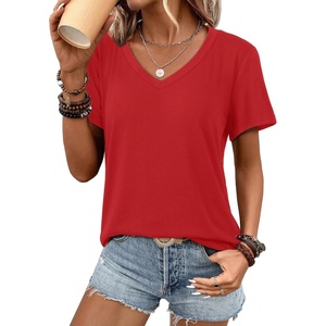 image:imageATHMILE Womens V Neck Short Sleeve Summer T Shirts Curved Hem Plain Top  Lightweight Breathable Casual Spring Summer TeeRed