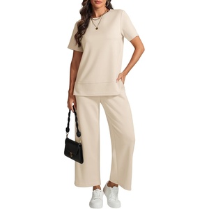 image:imageWomens 2 Piece Lounge Set Fashion Travel Outfits Summer Beach Vacation Tracksuit Comfy Wide Leg Airport LoungewearApricot