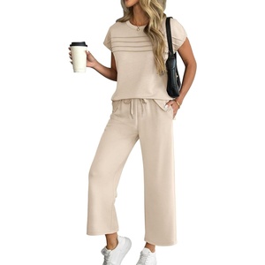 image:imageWomens 2 Piece Lounge Set Fashion Travel Outfits Summer Beach Vacation Tracksuit Comfy Wide Leg Airport LoungewearCbeige