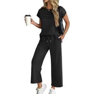 image:imageWomens 2 Piece Lounge Set Fashion Travel Outfits Summer Beach Vacation Tracksuit Comfy Wide Leg Airport LoungewearCblack