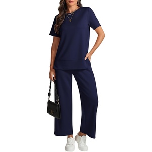 image:imageWomens 2 Piece Lounge Set Fashion Travel Outfits Summer Beach Vacation Tracksuit Comfy Wide Leg Airport LoungewearNavy