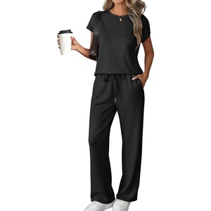 image:imageWomens 2 Piece Lounge Set Fashion Travel Outfits Summer Beach Vacation Tracksuit Comfy Wide Leg Airport LoungewearZblack