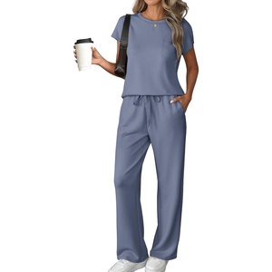 image:imageWomens 2 Piece Lounge Set Fashion Travel Outfits Summer Beach Vacation Tracksuit Comfy Wide Leg Airport LoungewearZblue