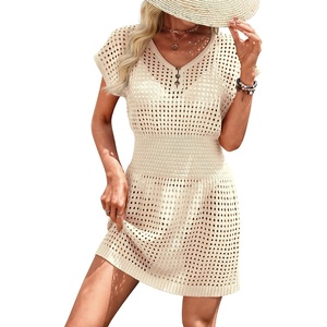 image:imageWomens Swimsuit Cover Up 2026 Short Sleeve V Neck Crochet Bathing Suit Beach Dress Summer Bikini Cover upsApricot