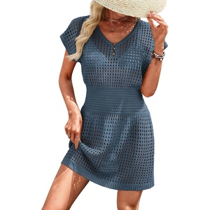image:imageWomens Swimsuit Cover Up 2026 Short Sleeve V Neck Crochet Bathing Suit Beach Dress Summer Bikini Cover upsDeep Teal