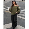 image:imageATHMILE Womens Off the Shoulder Sweatshirts Fleece Lined Long Sleeve Pullover Tops Oversized Sweater Basic Slouchy ClothesArmy Green