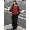 image:imageATHMILE Womens Off the Shoulder Sweatshirts Fleece Lined Long Sleeve Pullover Tops Oversized Sweater Basic Slouchy ClothesWine Red