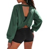 image:imageATHMILE Womens V Neck Crop Top Long Sleeve Sweatshirt  Open Back Tops for Women Fashion Sexy Y2K Casual Fall Clothes 2026Dark Green