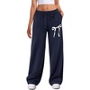 image:imageATHMILE Womens Wide Leg Sweatpants High Waisted Baggy Interior Drawstring Joggers Straight Leg Sweat Pants with PocketsNavy Bluebow Print