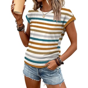 image:imageATHMILE Womens Summer Tops Cap Sleeve Ruched Tshirts Business Casual Crewneck Trendy Outfits Basic Fashion Dressy ClothesStriped Orange